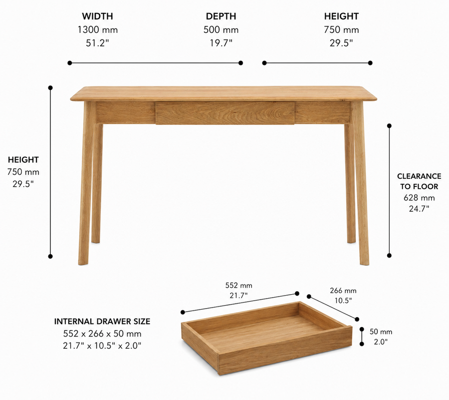 Madrid 1 Drawer Desk dimensions