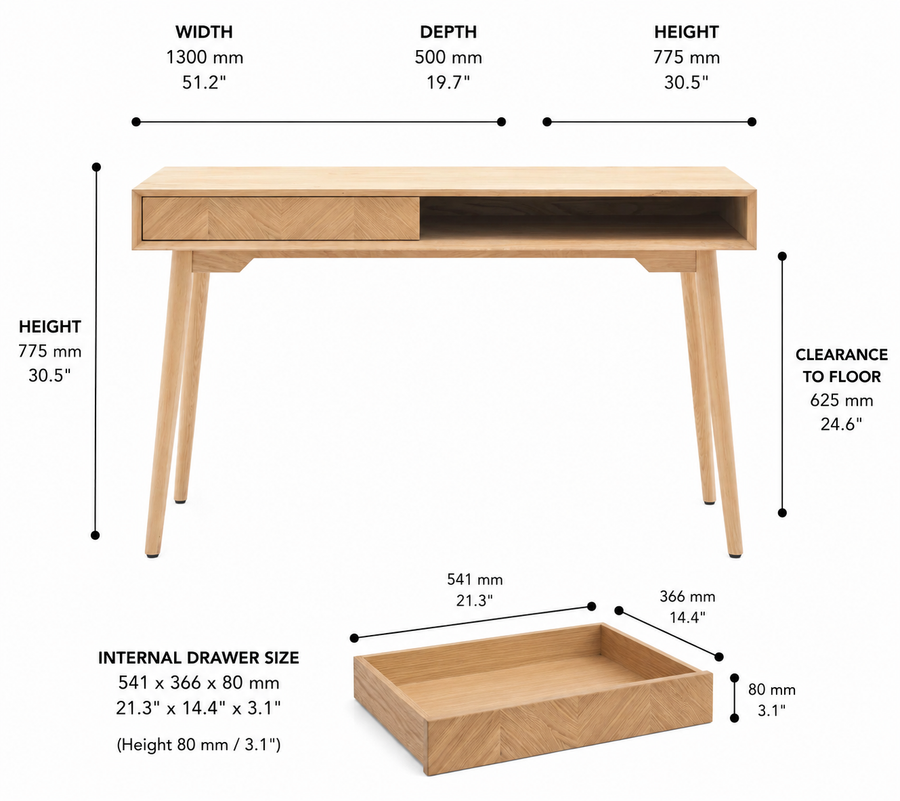 Milano 1 Drawer Desk dimensions