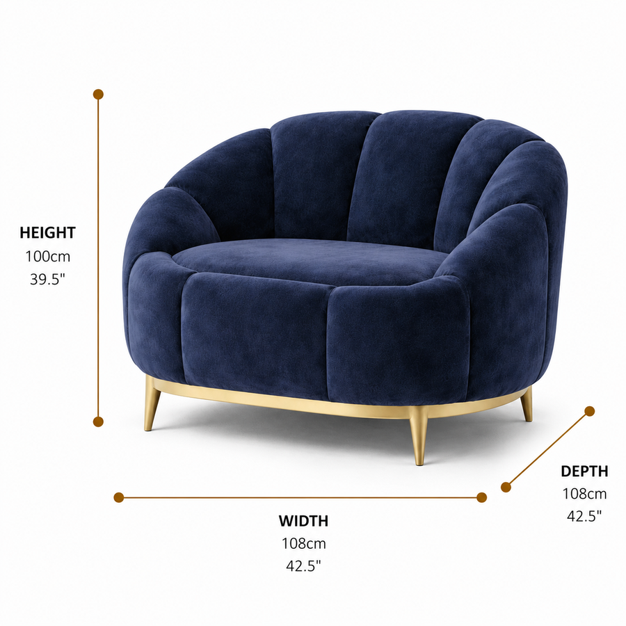 Retro Navy Channelled Armchair with Gold Metal Legs dimensions