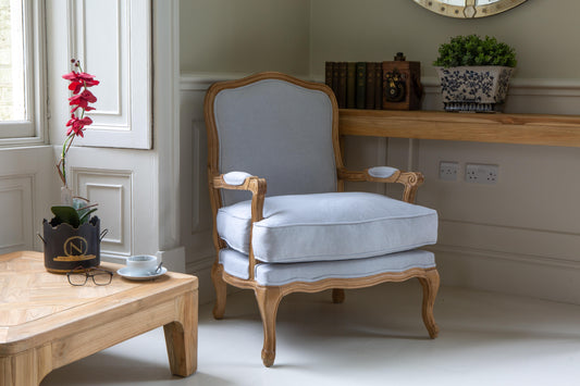 Bardney Armchair in Silver Linnet upholstery with Oak wood frame