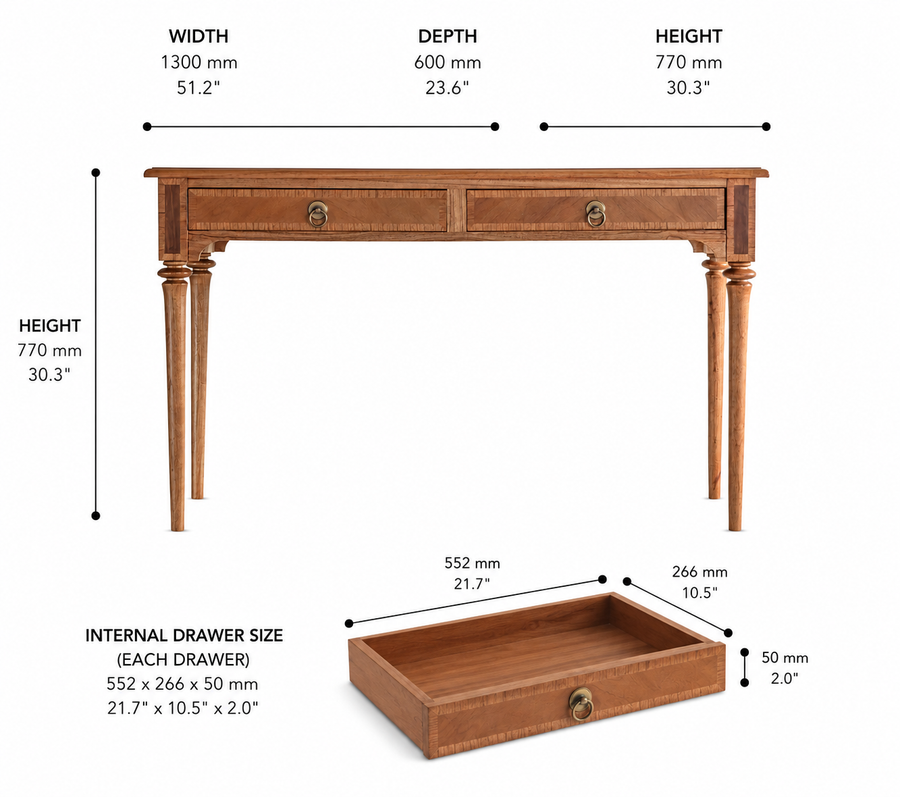 Mustique 2 Drawer Desk dimensions