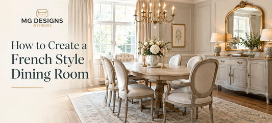 French style dining room with elegant curved furniture, chandelier and soft neutral colours