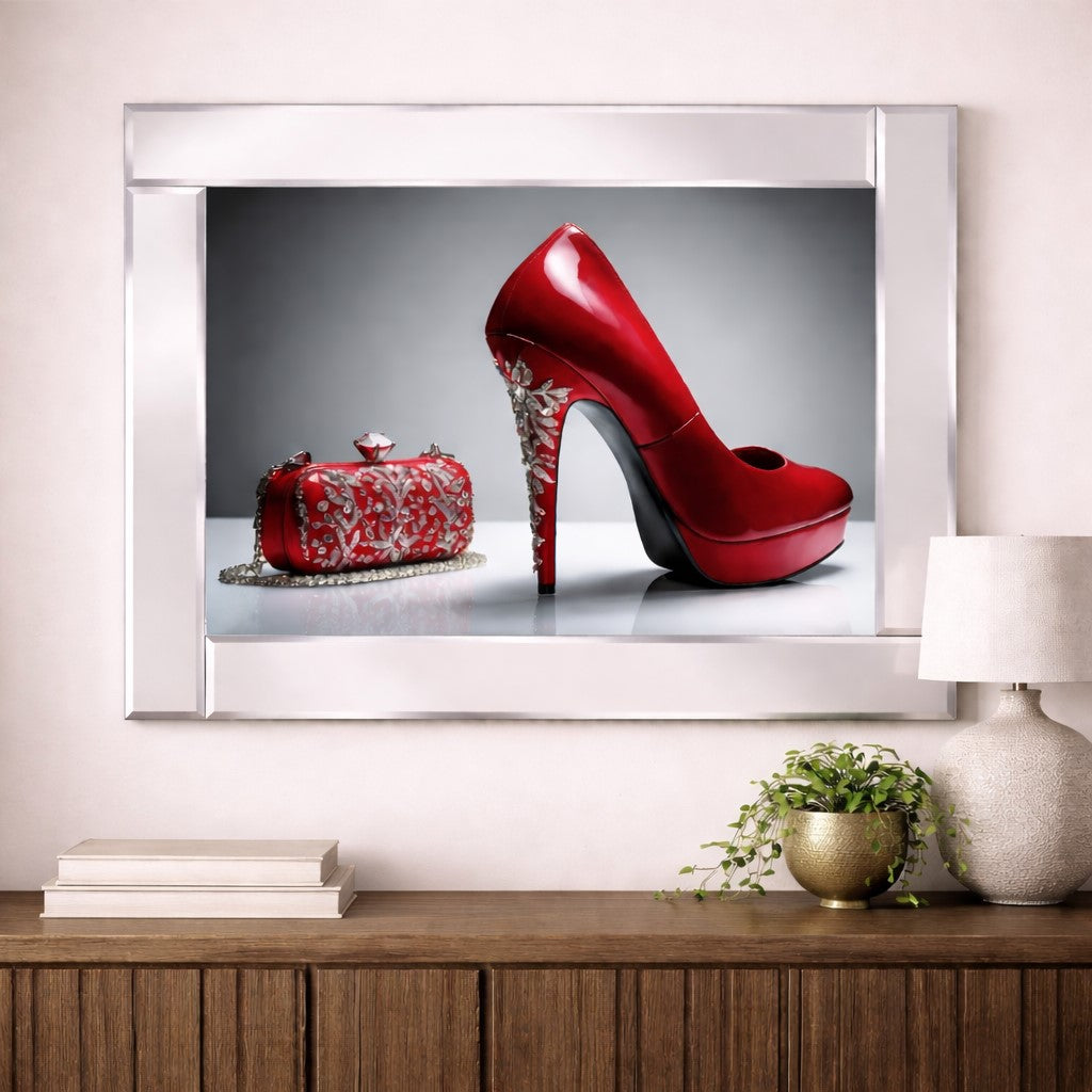 Mirrored dazzling red bag and shoe adorned with shimmering diamonds