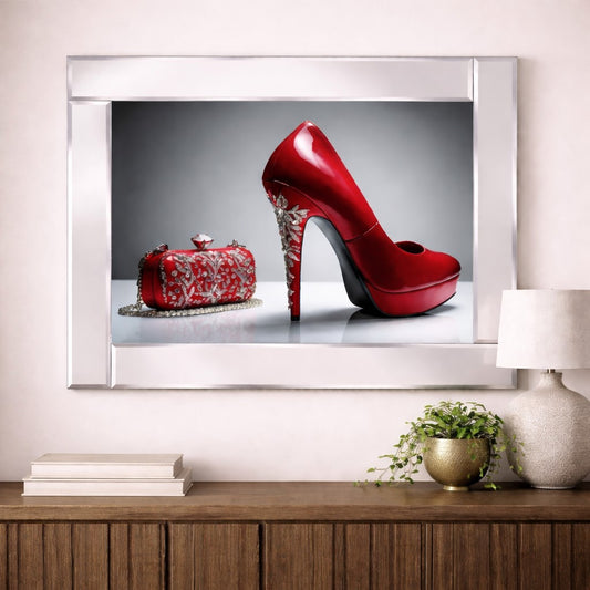 Mirrored dazzling red bag and shoe adorned with shimmering diamonds