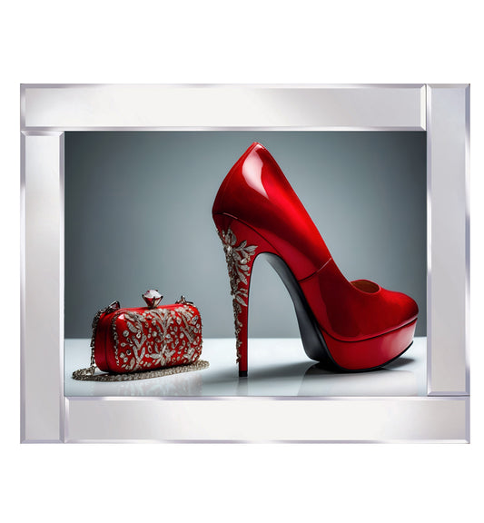 Mirrored dazzling red bag and shoe adorned with shimmering diamonds