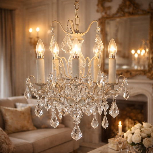 Antique Crackle White 5 Branch French Chandelier