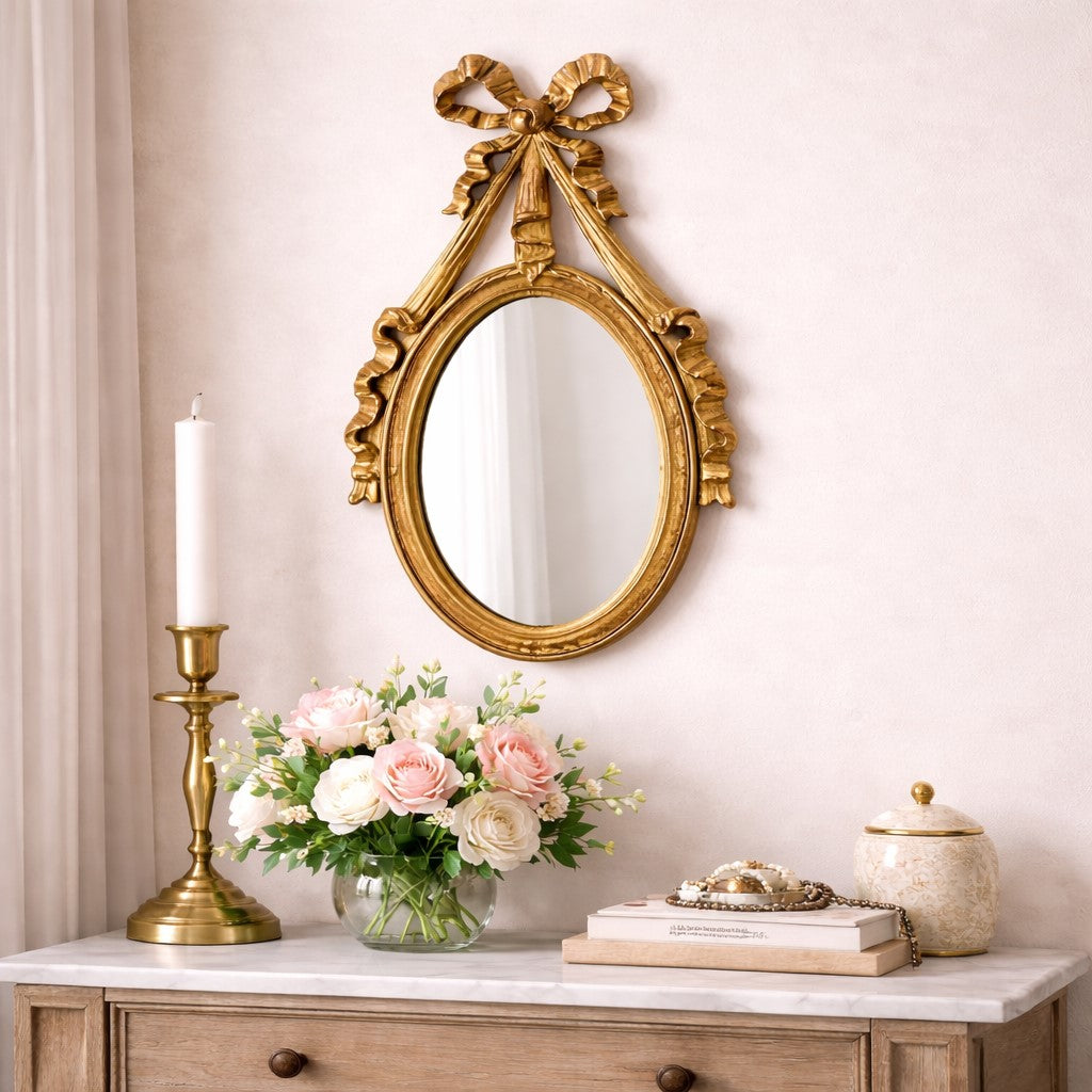 Antique Gold Ornate Ribbon Bow Convex Wall Mirror