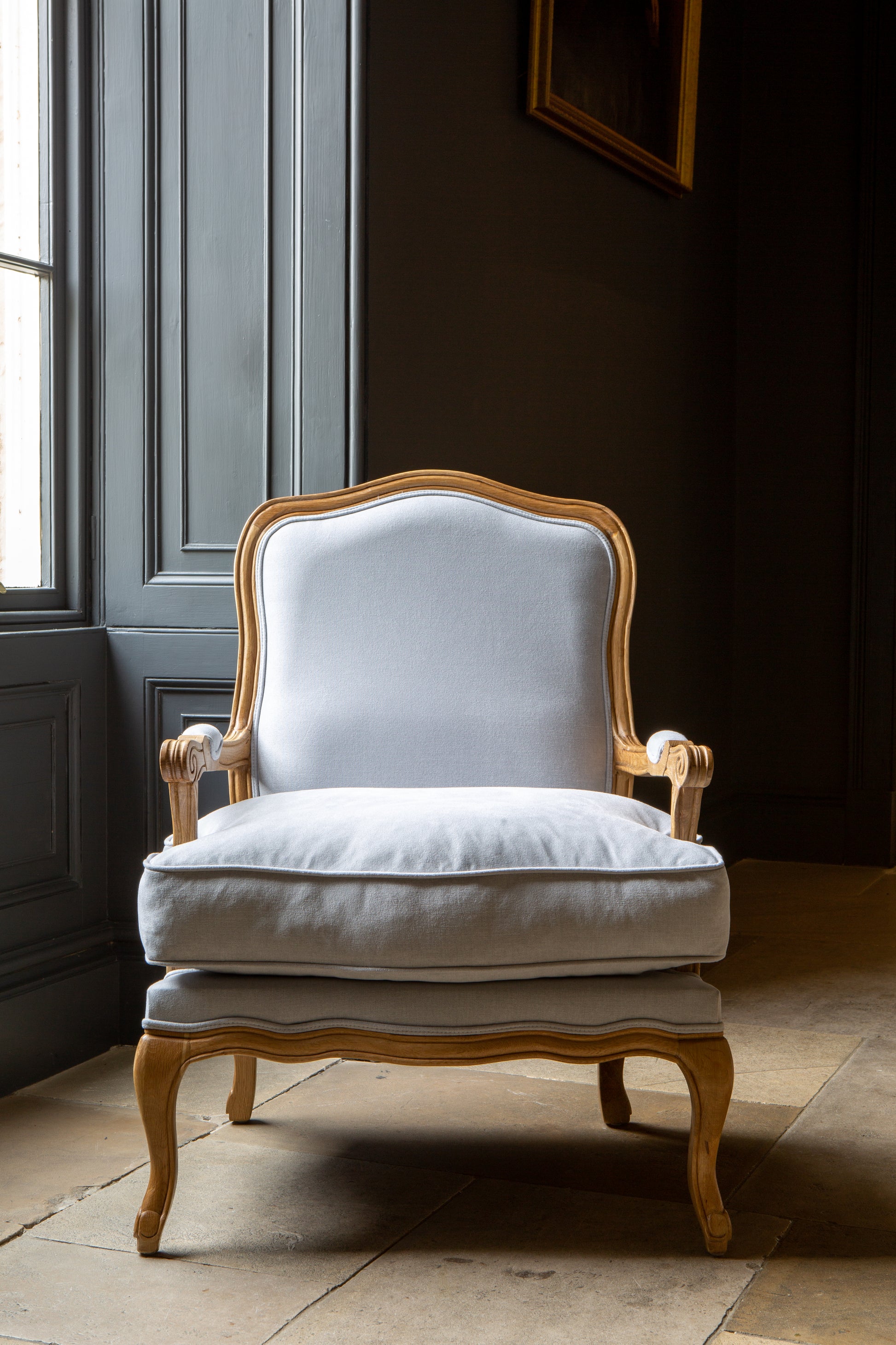 Bardney Armchair with Natural Linen in Distressed Oak Wood