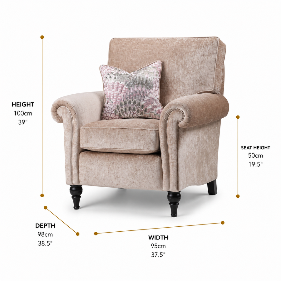 Belinda Traditional Scrolled Arm Velvet Armchair dimensions