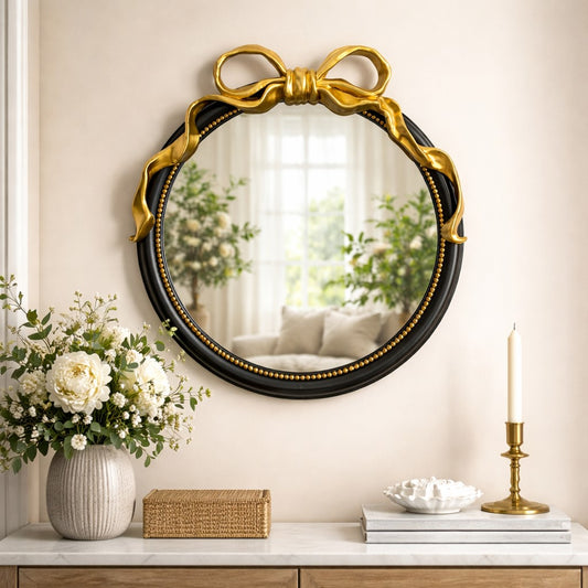 Black with Gold Bow Round Wall Mirror