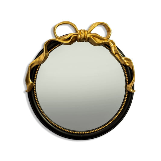 Black with Gold Bow Round Wall Mirror