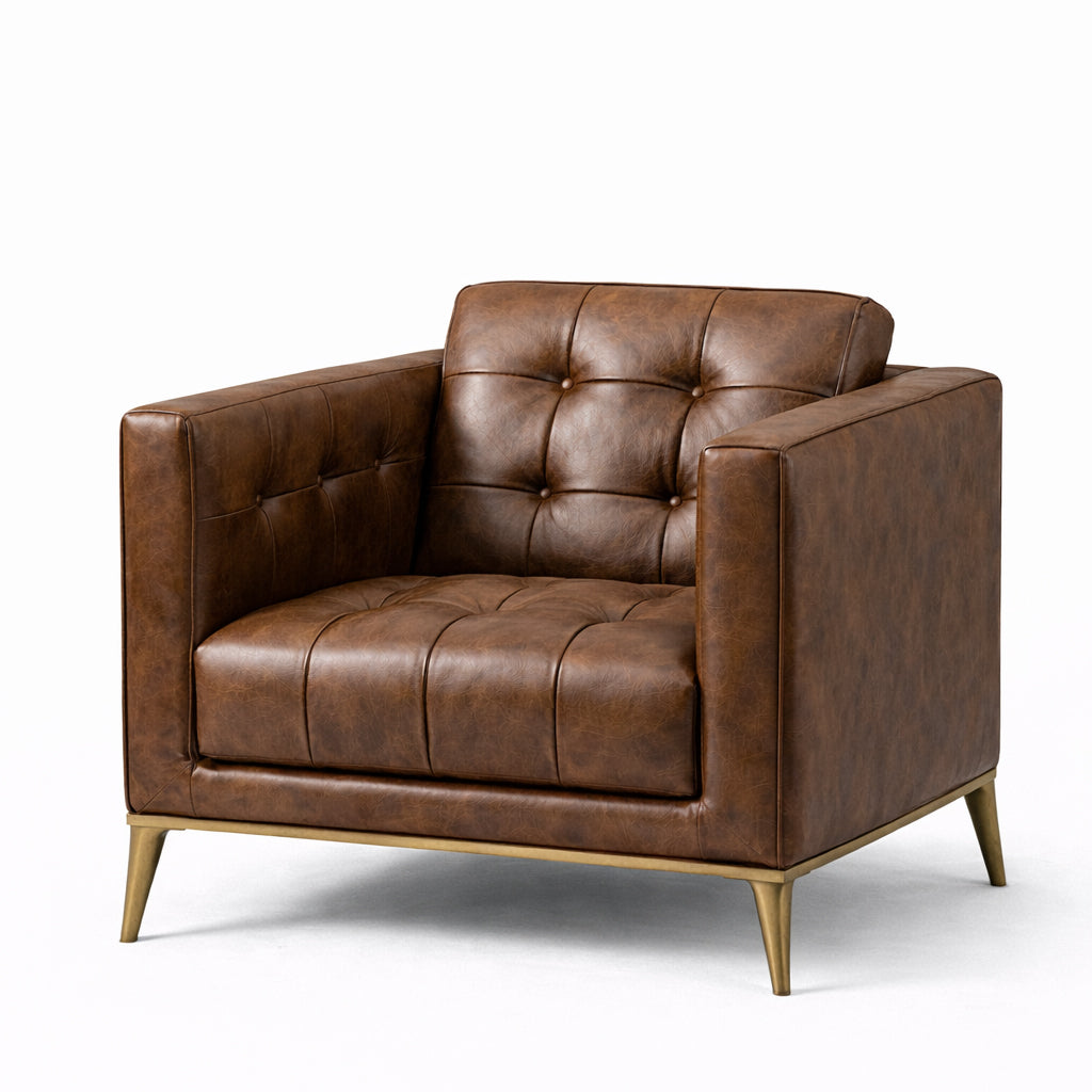Brown Leather Chesterfield Armchair with Gold Metal Legs