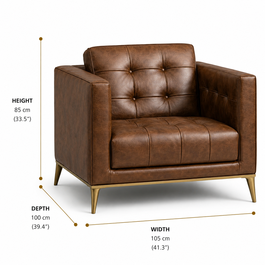 Brown Leather Chesterfield Armchair with Gold Metal Legs dimensions