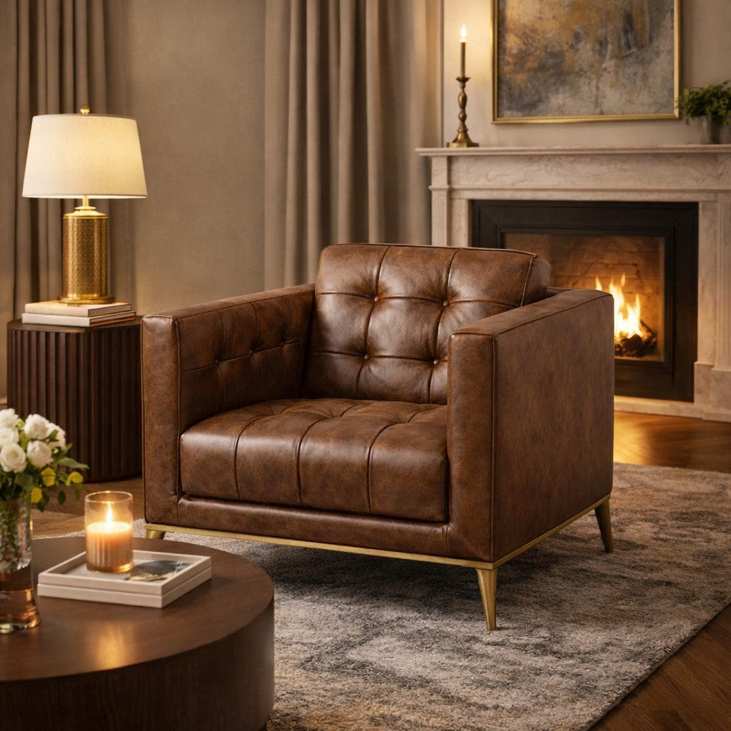 Brown Leather Chesterfield Armchair with Gold Metal Legs