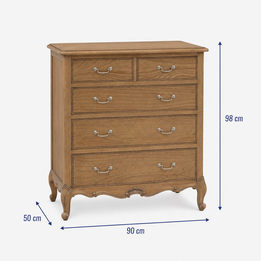 Chic 5 Drawer Chest Weathered dimensions