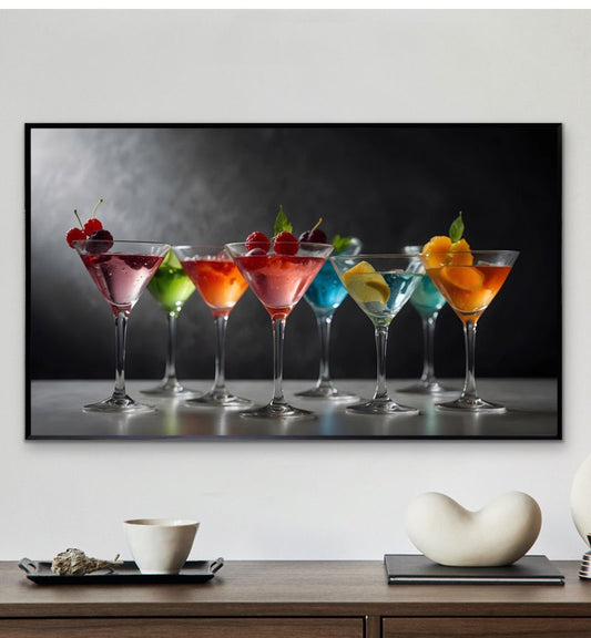 Eight vibrant multicolored cocktails displayed on a glass top.