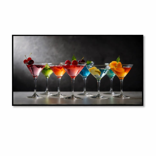 Eight vibrant multicolored cocktails displayed on a glass top.