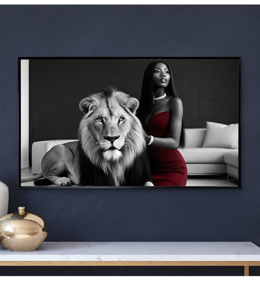 Elegant lady playfully with her pet lion-Metal Frame