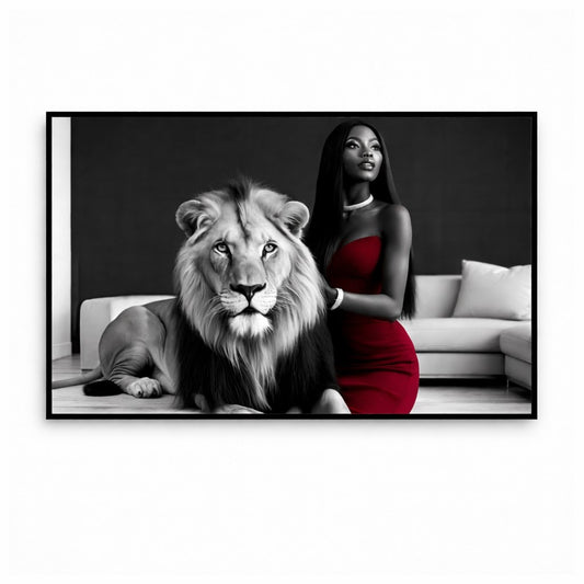 Elegant lady playfully with her pet lion-Metal Frame