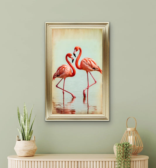 Flamingo pair reflected in pastels,Vintage