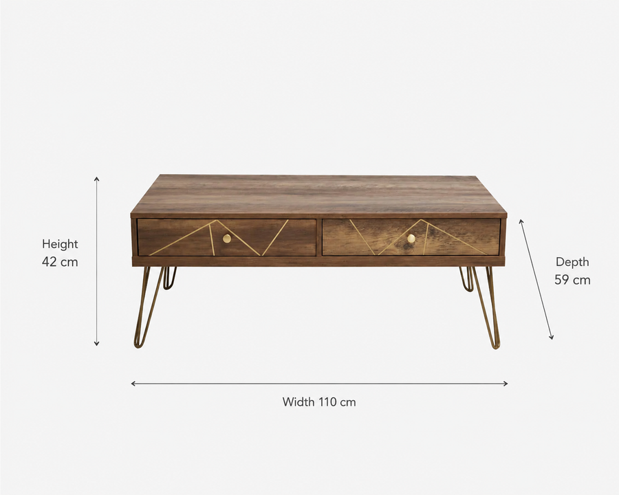 Flori Coffee Table with 2 Drawers dimensions