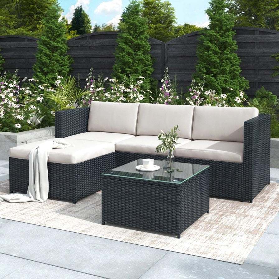 Garden Corner Sofa Rattan Patio Set 3-Piece Outdoor Lounge Black