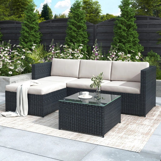 Garden Corner Sofa Rattan Patio Set 3-Piece Outdoor Lounge Black