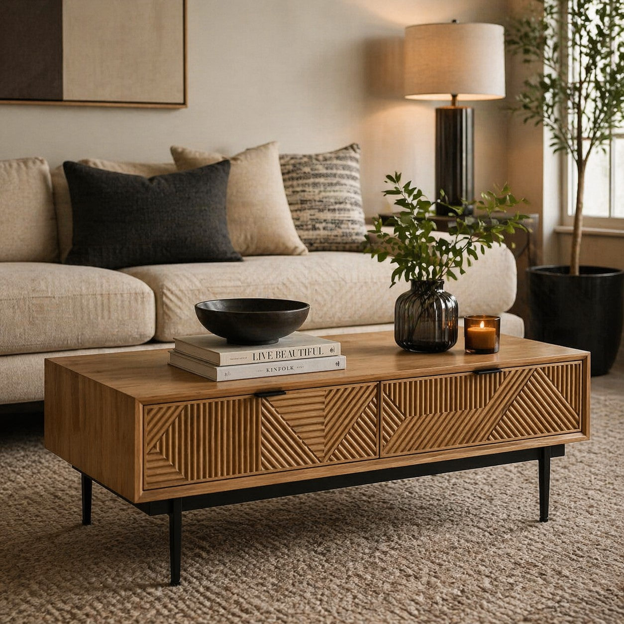 Jakara Natural Finish Coffee Table with Drawers