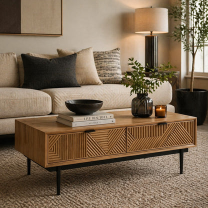 Jakara Natural Finish Coffee Table with Drawers