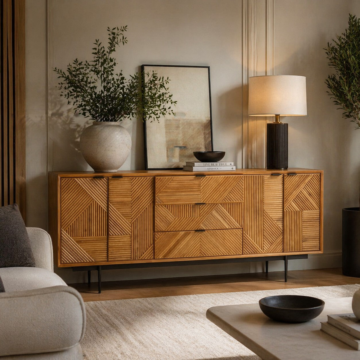 Jakara Natural Finish Sideboard with 4 Doors and 3 Drawers