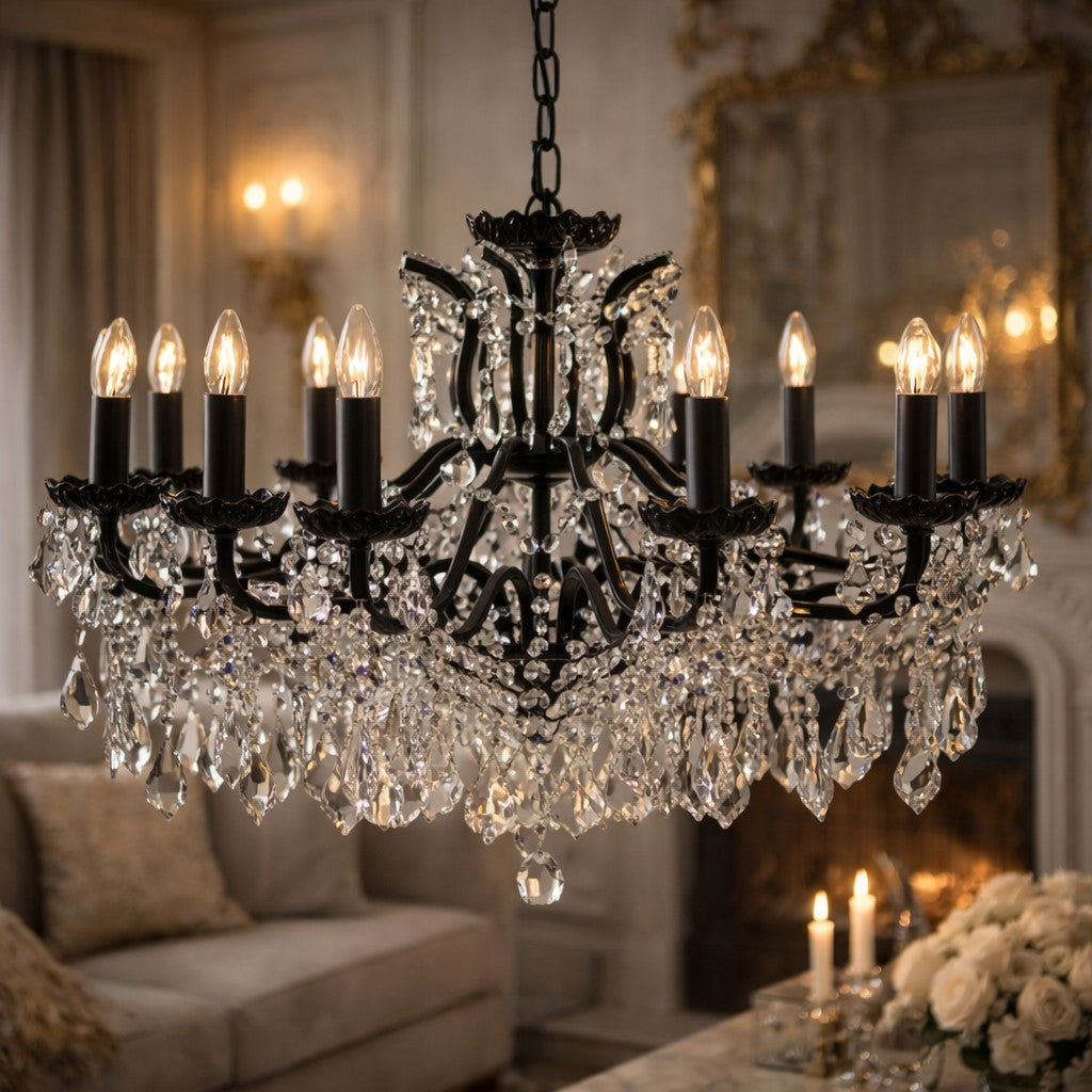 Large 12 Branch Matt Black Shallow Chandelier