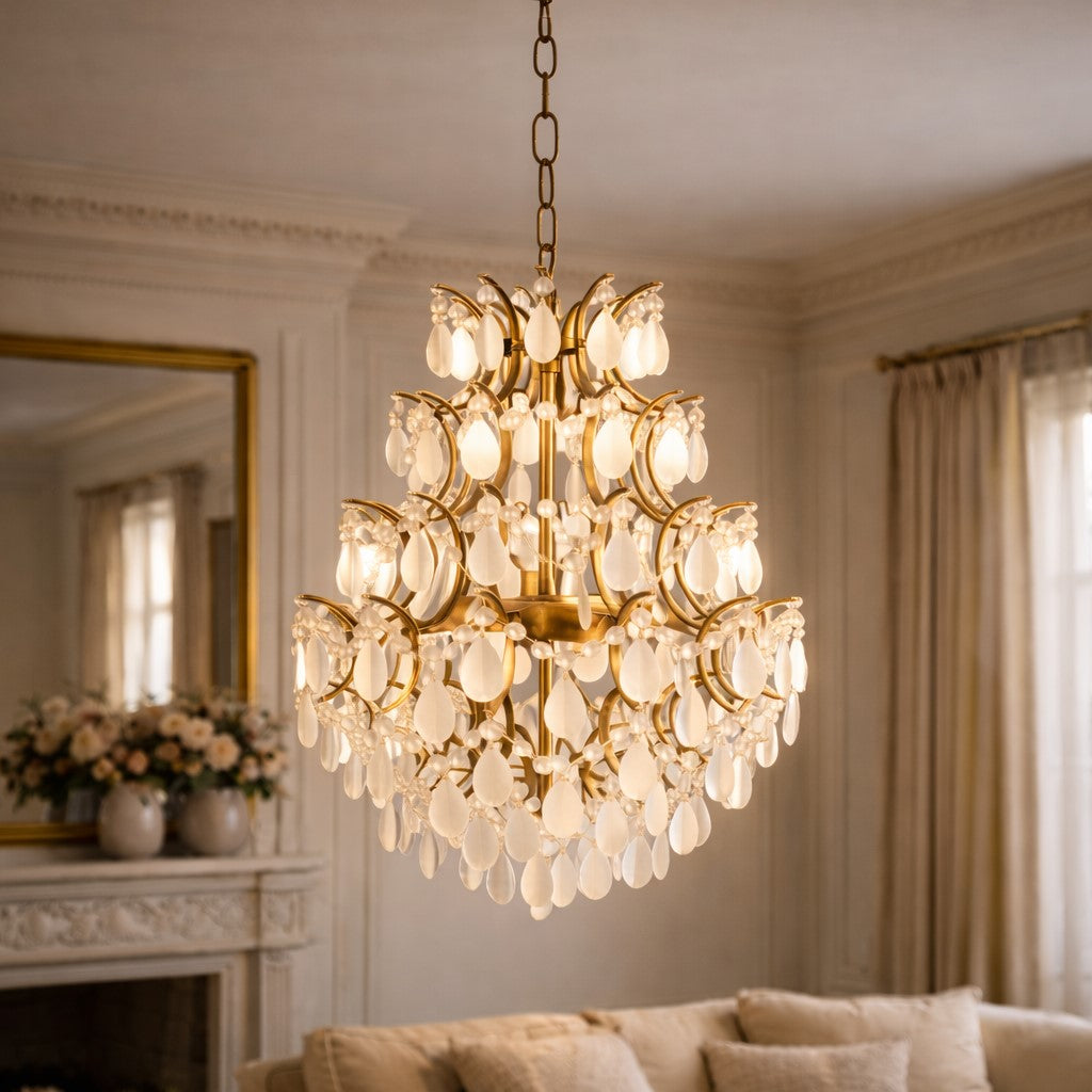 Large Antique Gold Multi Teardrop Chandelier w/ Frosted Crystals