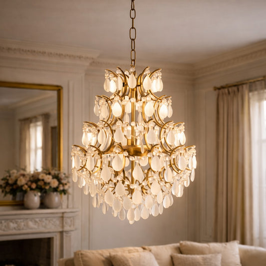 Large Antique Gold Multi Teardrop Chandelier w/ Frosted Crystals
