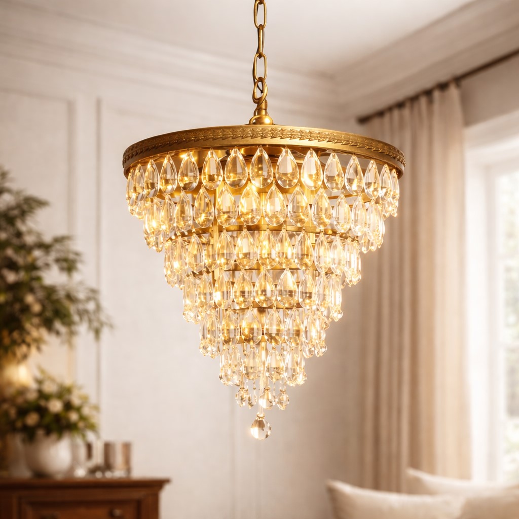 Large Bronze/Gold Finish Rainfall Chandelier with Clear Crystals