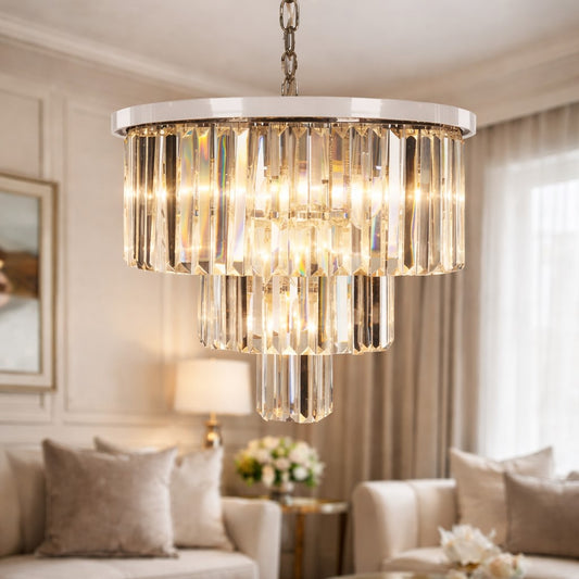 Large Chrome Prism Drop Round Cascade Chandelier