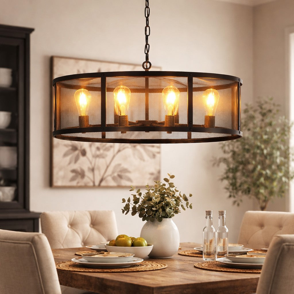 Large Round Black Iron Industrial Chandelier