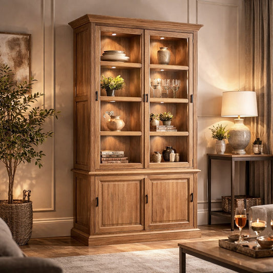 Lyon Oak Wood Tall Cabinet with Washed Grey Finish