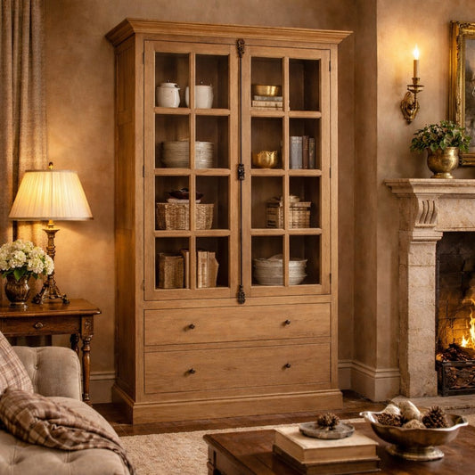 Lyon Washed Grey Finish Oak Wood Tall Cabinet