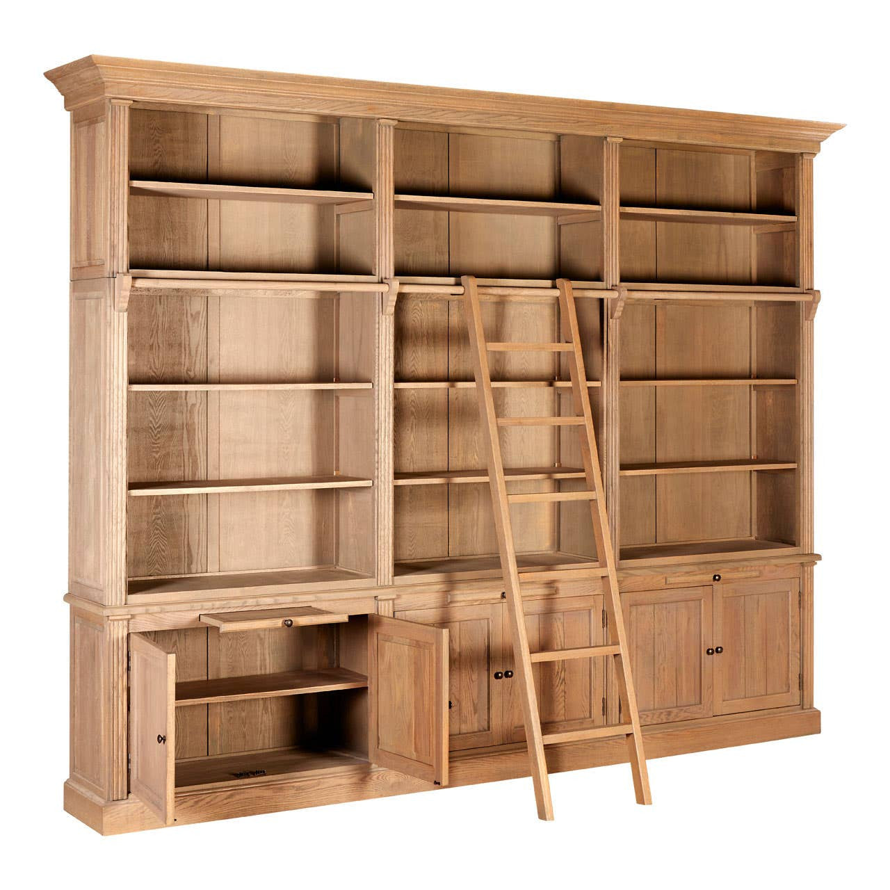 Lyon Washed Grey Oak Wood Large Bookcase With Ladder