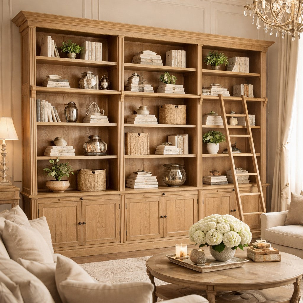 Lyon Washed Grey Oak Wood Large Bookcase With Ladder