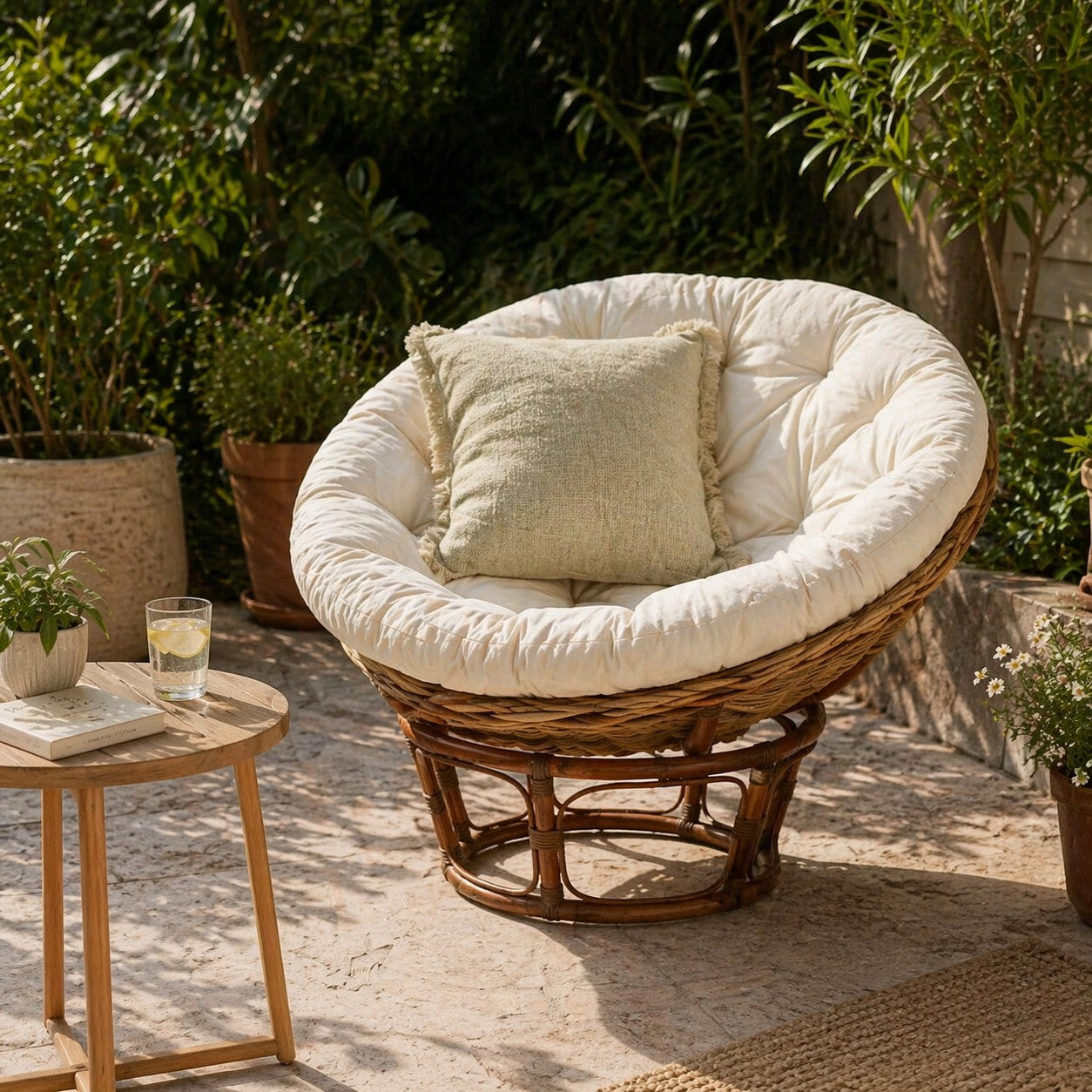 Manado Round Grey Kubu Rattan Papasan Chair with Cream Cushion
