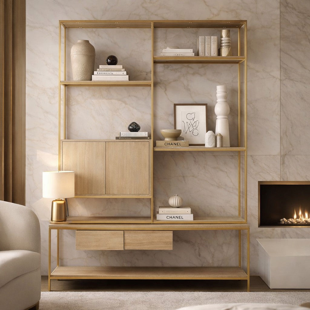 Modica Oak Wood and Gold Finish Shelf Unit