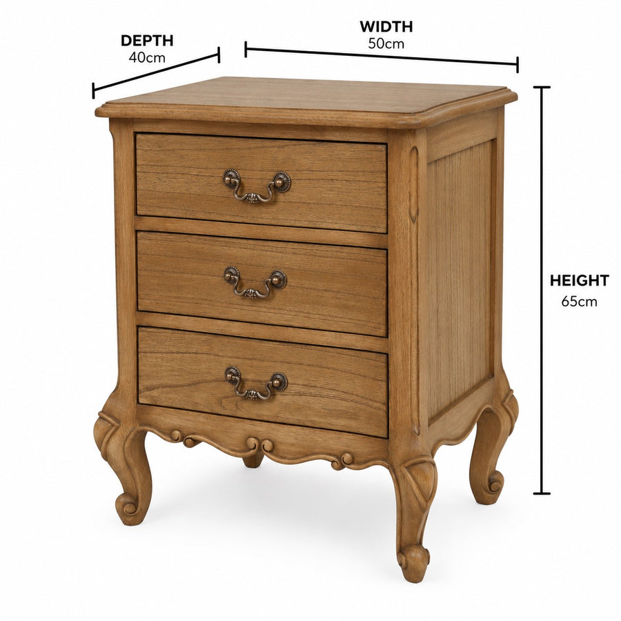 Monte Cristo 3 Drawer French Bedside dimensions