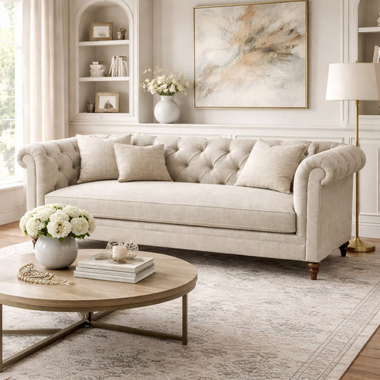 Oatmeal Chesterfield 3 Seat Buttoned Sofa