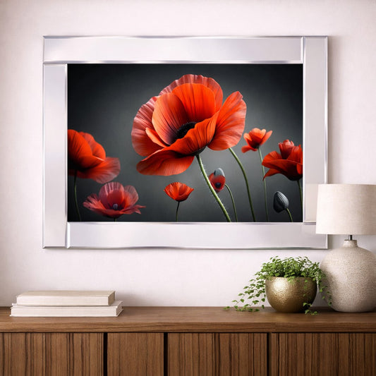 Mirrored Red poppy blossoms gracefully sway on slender, verdant stems