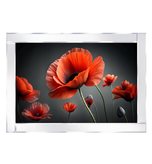 Mirrored Red poppy blossoms gracefully sway on slender, verdant stems