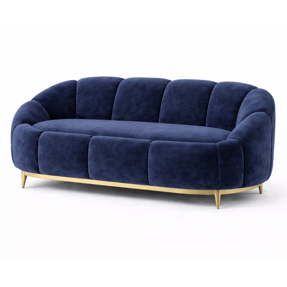 Retro Navy Channelled 2 Seat Sofa with Gold Metal Legs