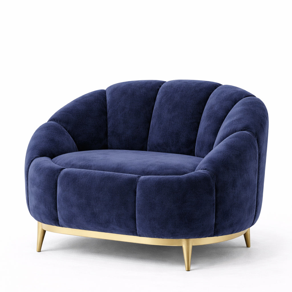 Retro Navy Channelled Armchair with Gold Metal Legs