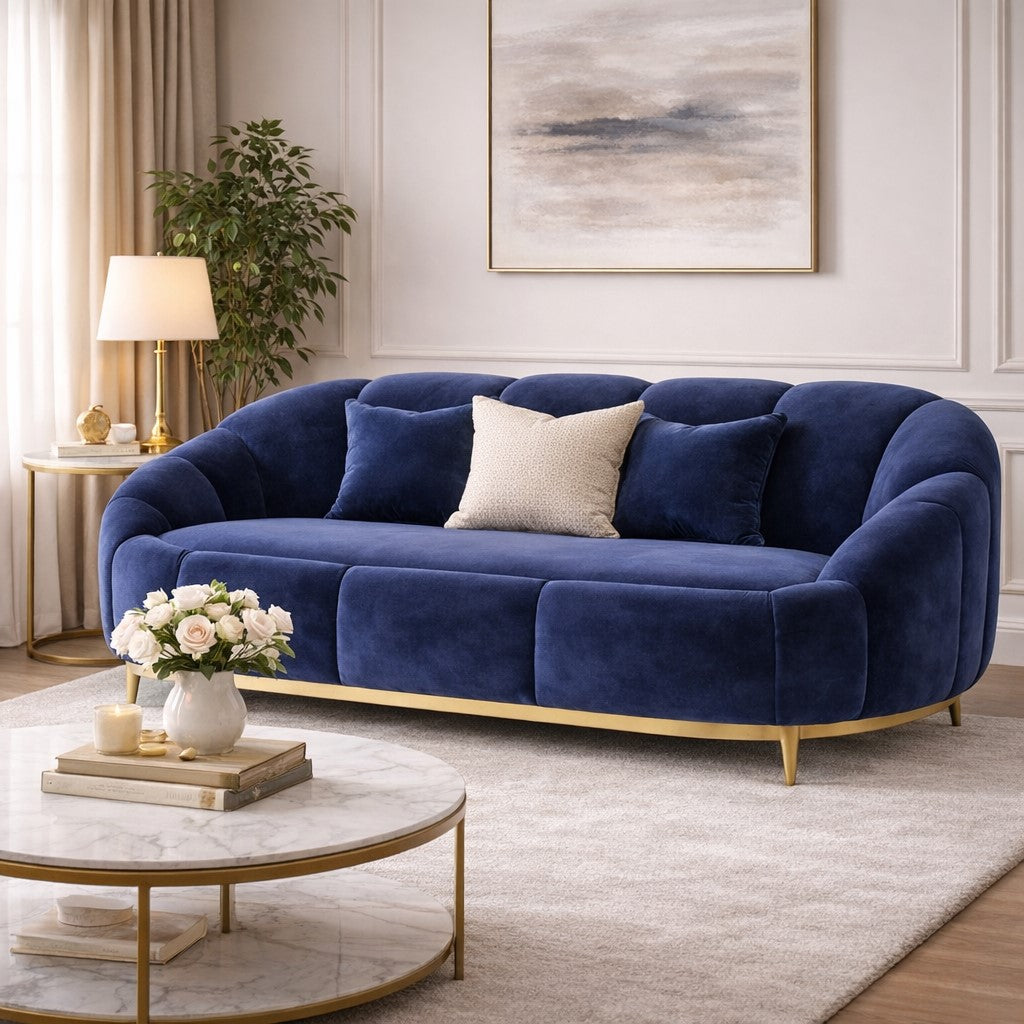 Retro Navy Channelled 2 Seat Sofa with Gold Metal Legs