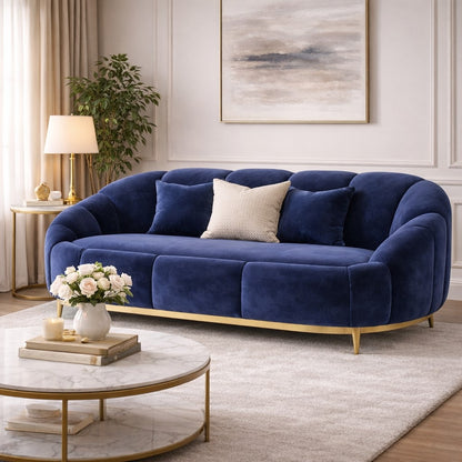 Retro Navy Channelled 2 Seat Sofa with Gold Metal Legs